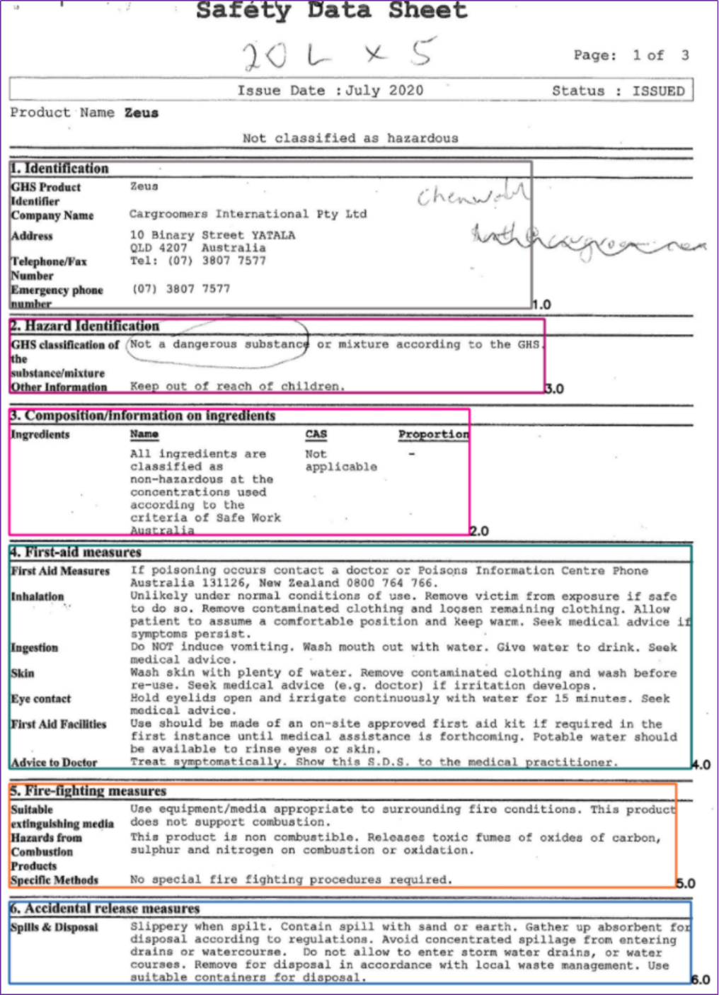 MSDS section detection output 1